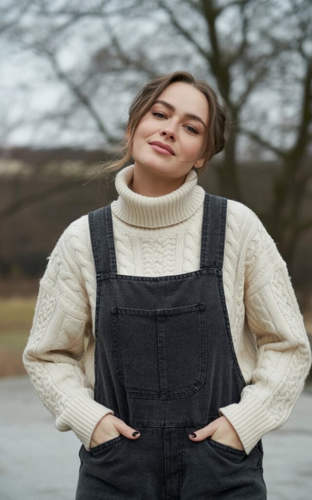A natural-looking young woman wearing a turtleneck sweater with overalls. Theme winter fashion outfits
