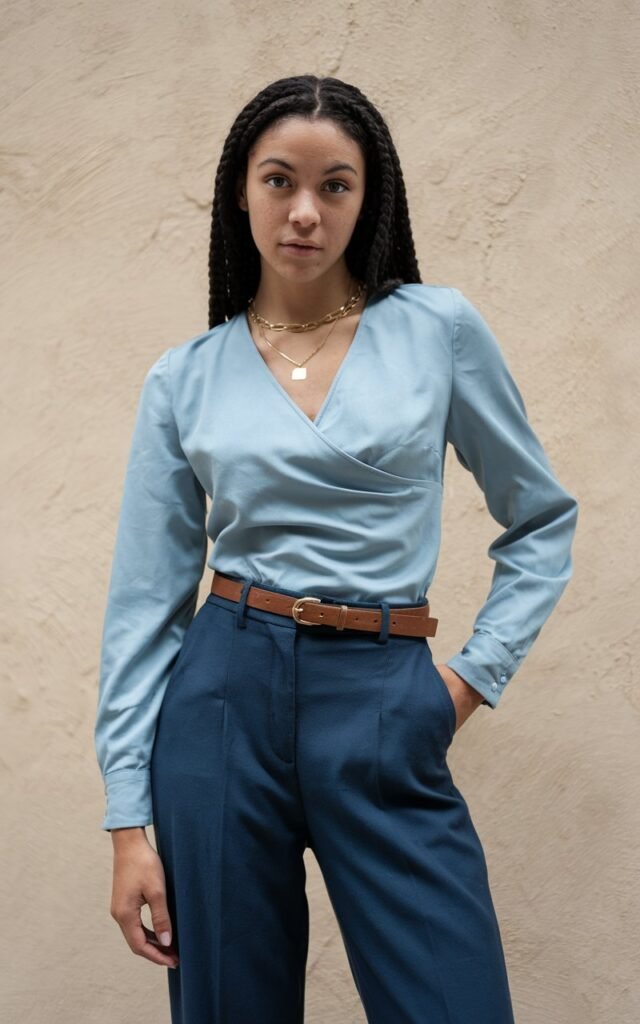 A natural-looking young woman wearing a v-neck top styled with tailored pants. Theme fashion inspo outfits