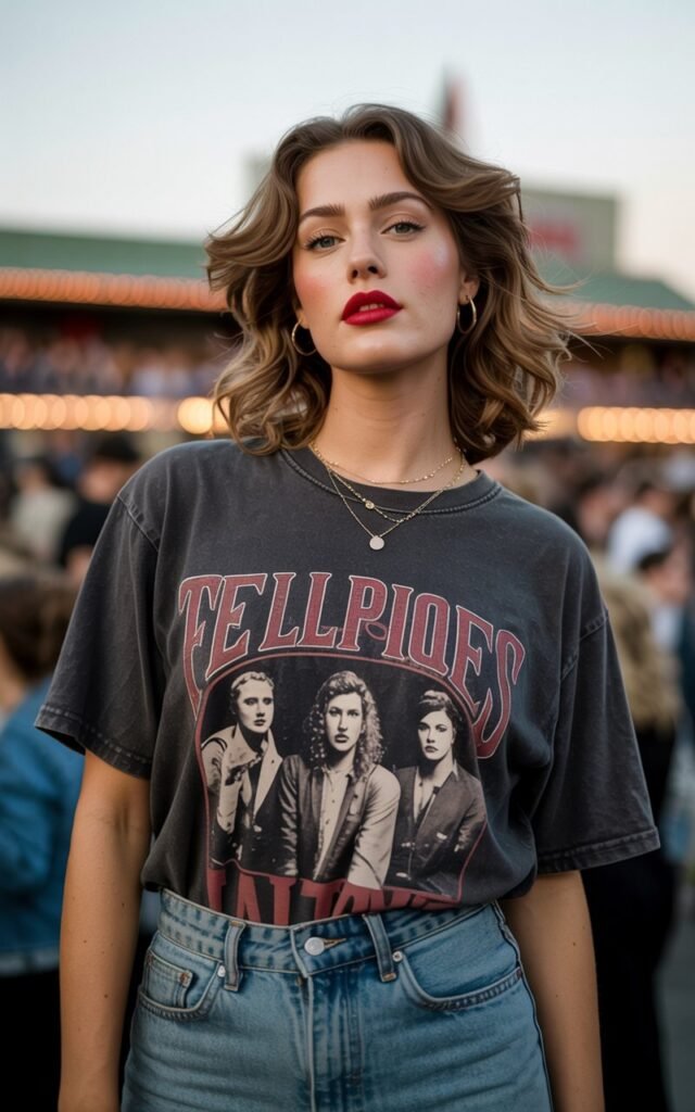 A natural-looking young woman wearing a vintage-style graphic tee paired with jeans and a bold red lip. Theme eras tour outfits