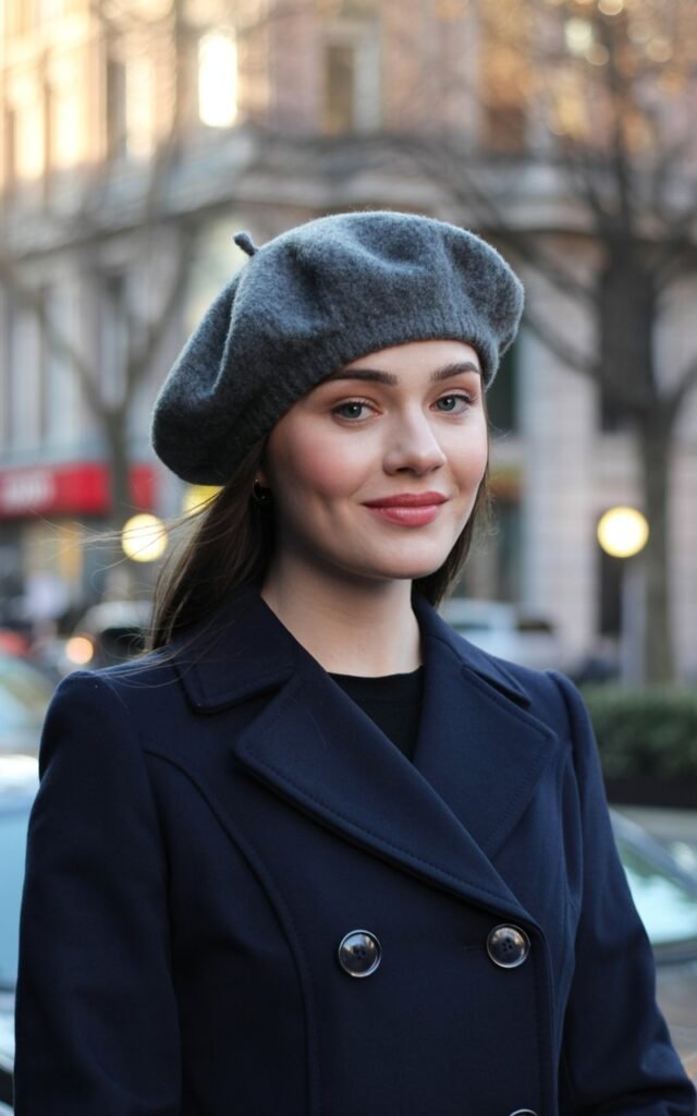 A natural-looking young woman wearing a wool beret with a double-breasted coat. Theme winter fashion outfits