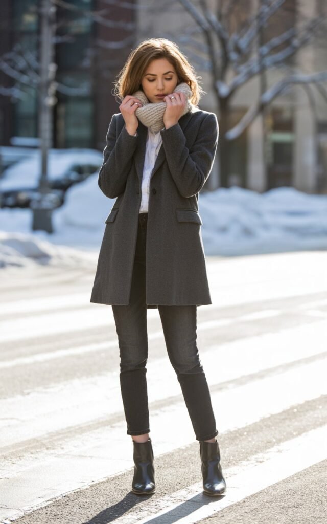A natural-looking young woman wearing a wool coat and skinny jeans. Theme winter fashion outfits
