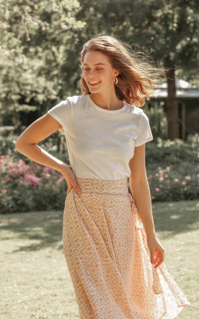 A natural-looking young woman wearing a wrap skirt paired with a fitted cotton tee. Theme girly summer outfits