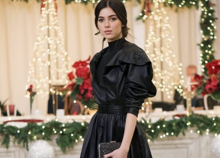 A natural-looking young woman wearing an all-black outfit styled with bold heels and a clutch. Theme holiday party outfit