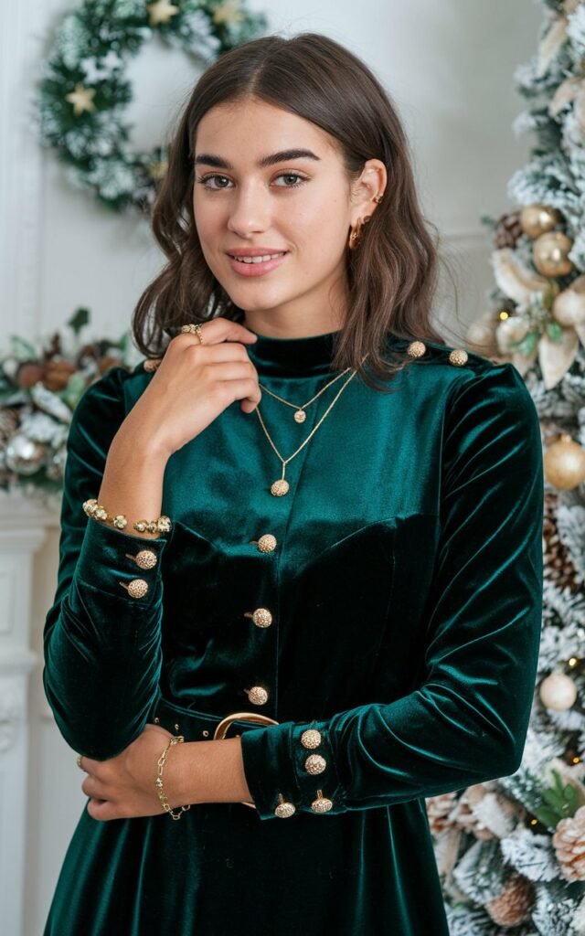 A natural-looking young woman wearing an elegant outfit finished with gold accessories. Theme holiday party outfit