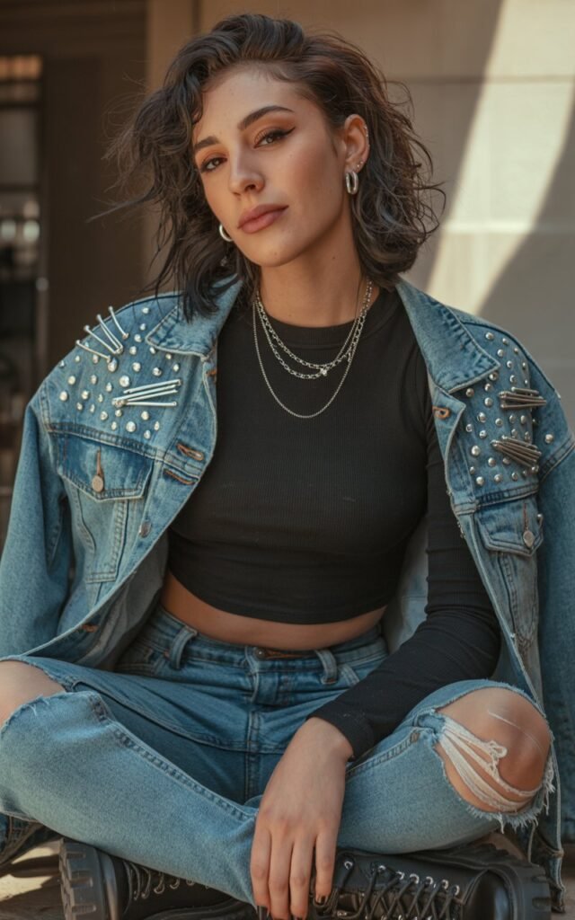 A natural-looking young woman wearing an emo-inspired outfit with confident, unapologetic styling. Theme emo outfits