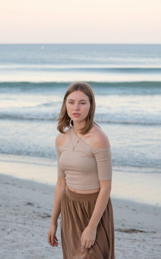 A natural-looking young woman wearing an off-the-shoulder top for relaxed elegance. Theme beach outfits