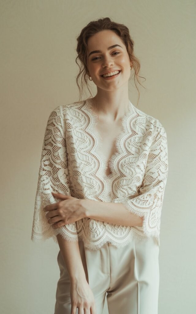 A natural-looking young woman wearing an off-white lace top styled with beige trousers. Theme Lace Tops and Outfits
