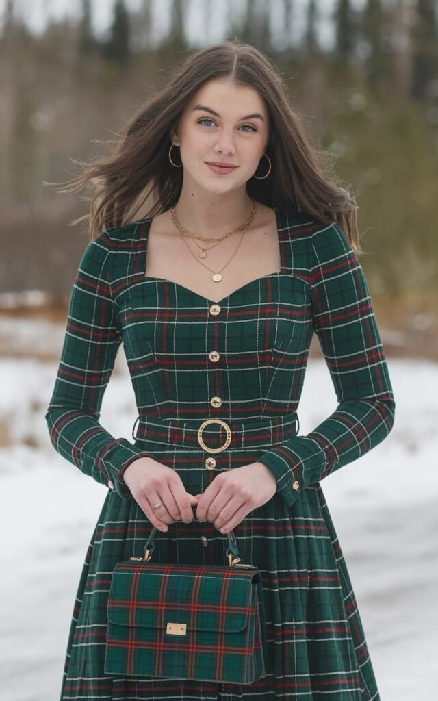 A natural-looking young woman wearing an outfit completed with a structured handbag. Theme holiday party outfit
