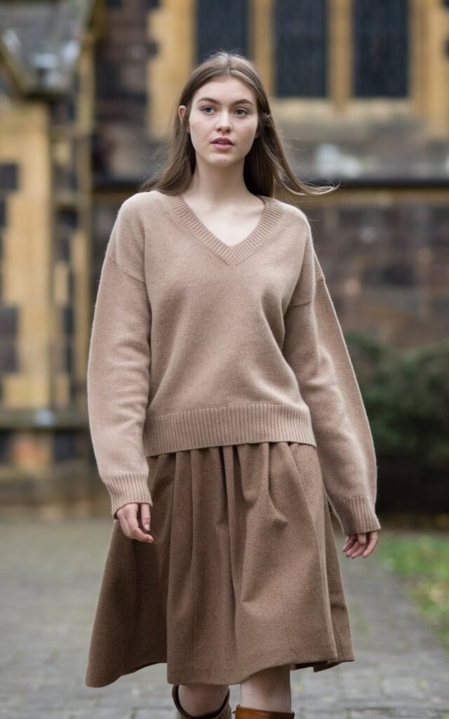 A natural-looking young woman wearing an outfit made from soft fabrics like cashmere, wool, or tweed. Theme church winter outfit
