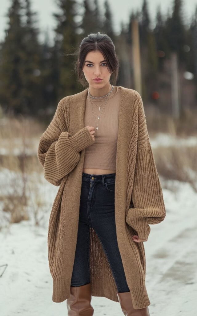 A natural-looking young woman wearing an oversized cardigan balanced with fitted jeans and knee-high boots. Theme winter fashion outfits 