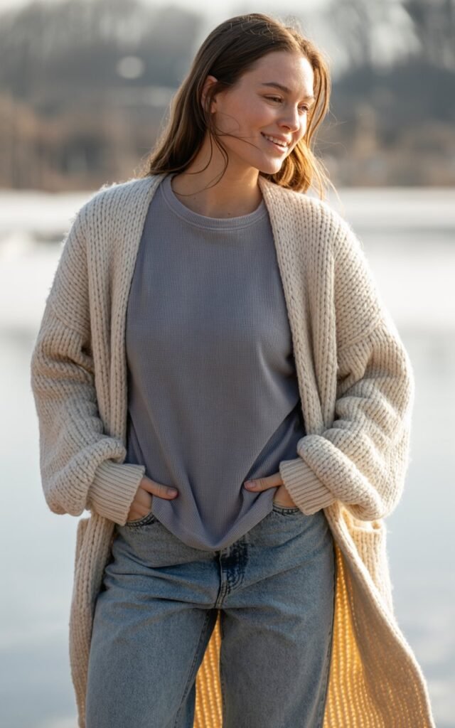 A natural-looking young woman wearing an oversized cardigan over a thermal tee with relaxed-fit jeans. Theme cold weather outfits