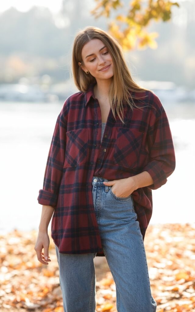 A natural-looking young woman wearing an oversized flannel paired with high-waisted straight-leg jeans. Theme casual fall outfits