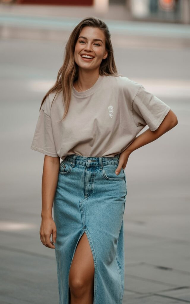 A natural-looking young woman wearing an oversized graphic tee styled with a high-slit denim skirt. Theme jean skirt outfits