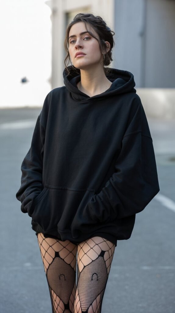 A natural-looking young woman wearing an oversized hoodie paired with fishnet tights. Theme emo outfits