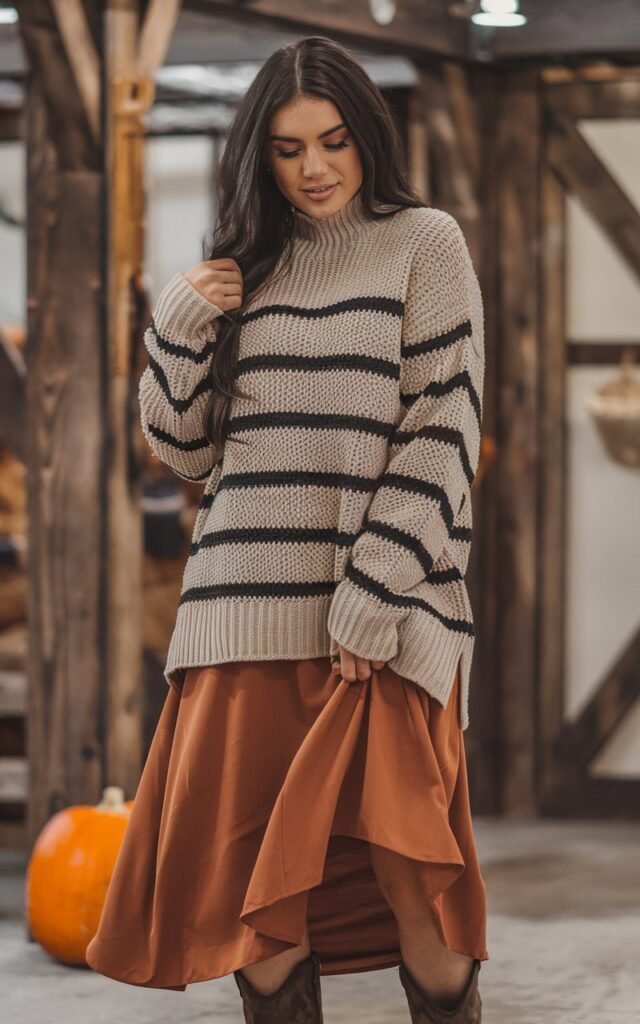 A natural-looking young woman wearing an oversized knit sweater layered over a flowy midi dress. Theme thanksgiving outfit