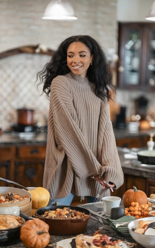 A natural-looking young woman wearing an oversized sweater styled with sleek ankle boots. Theme thanksgiving outfit