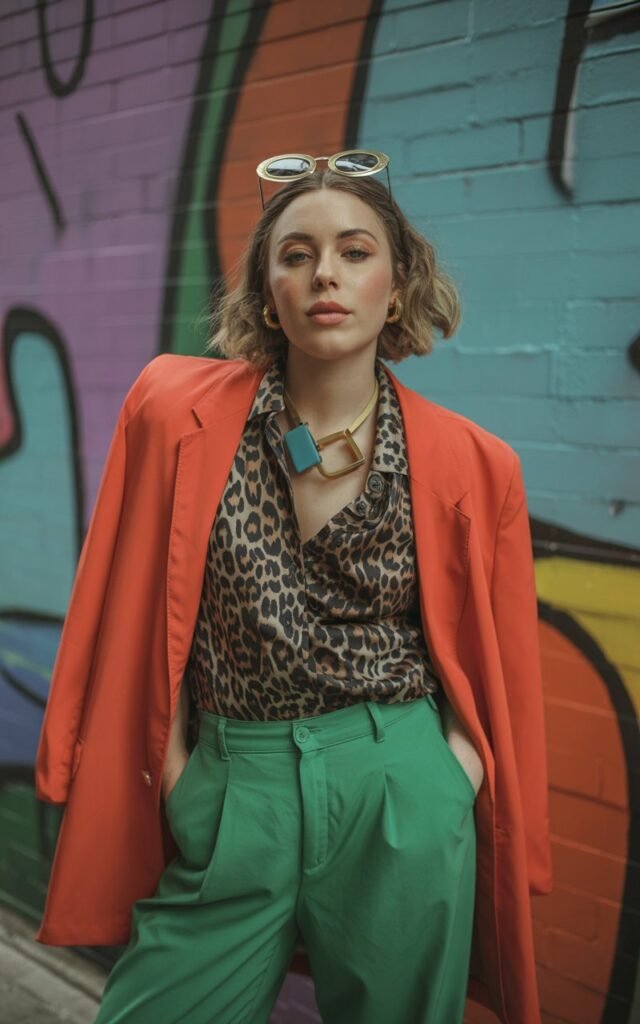 A natural-looking young woman wearing animal print paired with bold color-blocking pieces. Theme quirky fashion