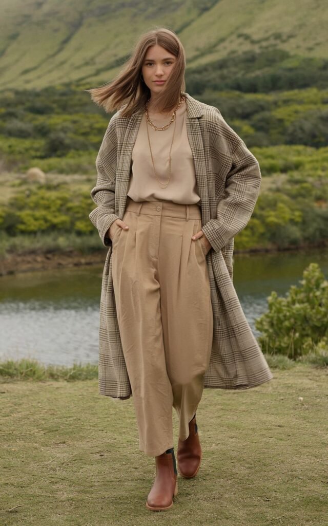 A natural-looking young woman wearing ankle-length pants styled with a tucked-in blouse. Theme fashion inspo outfits