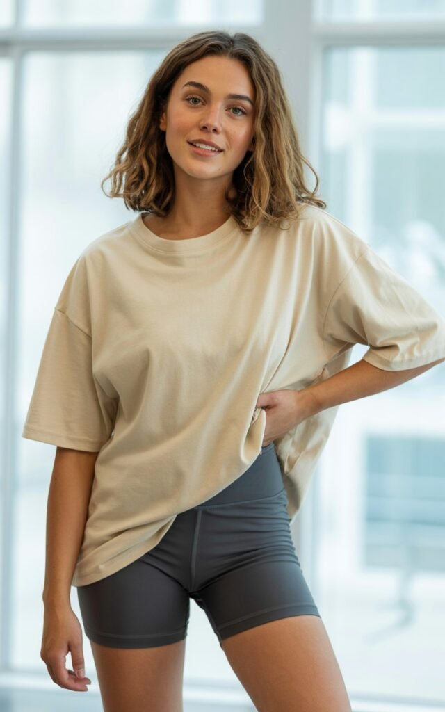 A natural-looking young woman wearing athletic shorts with an oversized tee. Theme shorts outfits