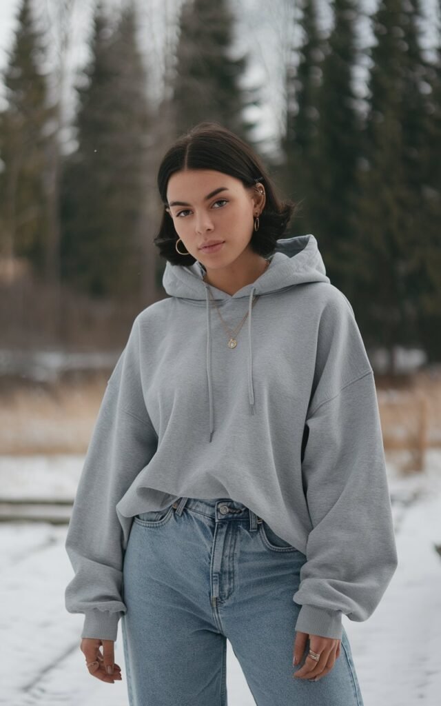A natural-looking young woman wearing baggy jeans accessorized with minimal gold or silver jewelry. Theme baggy jeans outfit winter