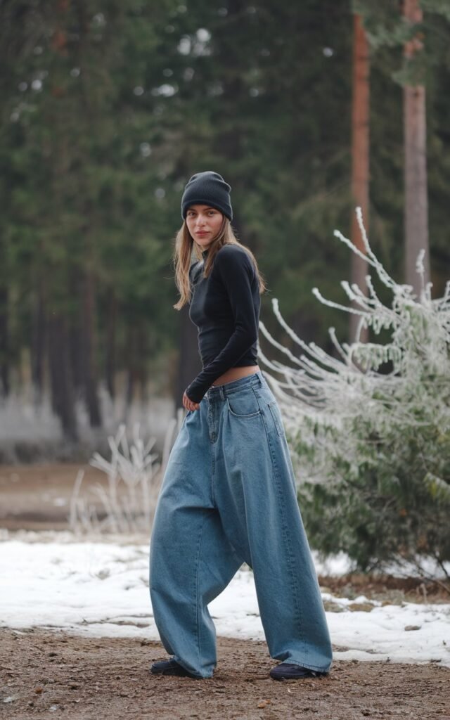 A natural-looking young woman wearing baggy jeans finished with a sleek beanie or wool hat. Theme baggy jeans outfit winter