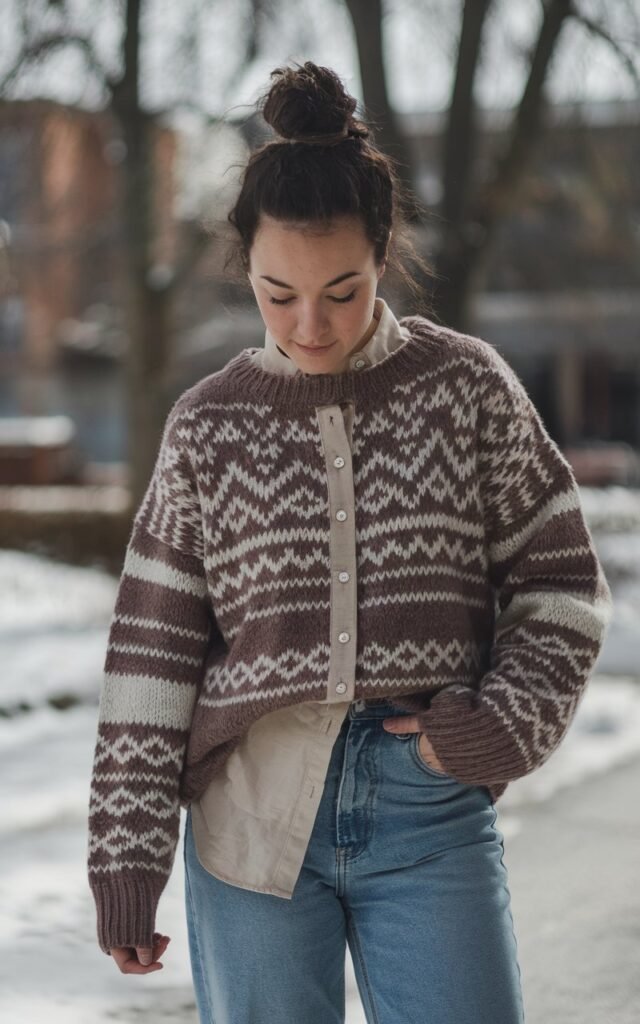 A natural-looking young woman wearing baggy jeans layered with a button-down shirt under a cozy crewneck sweater. Theme baggy jeans outfit winter