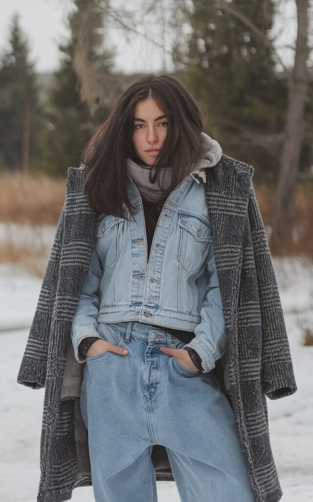 A natural-looking young woman wearing baggy jeans layered with a denim or leather jacket under a heavy winter coat. Theme baggy jeans outfit winter