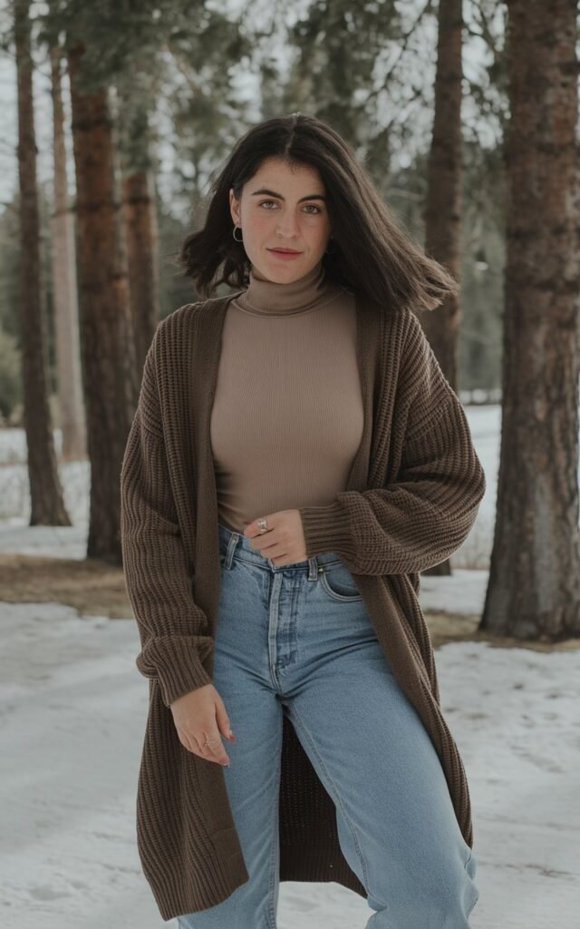 A natural-looking young woman wearing baggy jeans layered with a longline cardigan for effortless winter styling. Theme baggy jeans outfit winter