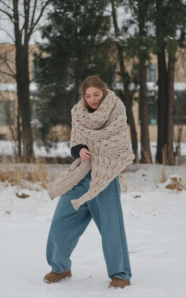 A natural-looking young woman wearing baggy jeans paired with a chunky neutral-toned scarf. Theme baggy jeans outfit winter