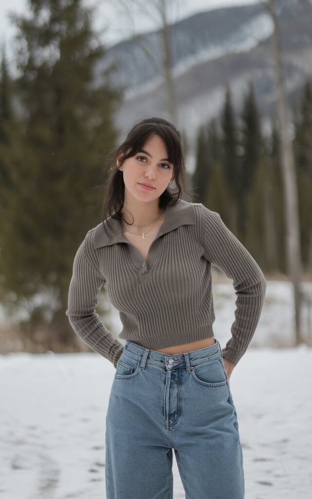A natural-looking young woman wearing baggy jeans paired with a tailored knit polo or structured sweater. Theme baggy jeans outfit winter