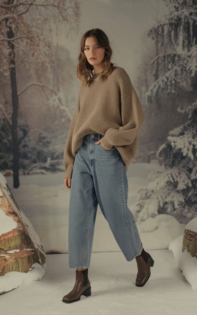 A natural-looking young woman wearing baggy jeans paired with an oversized sweater and sleek ankle boots. Theme baggy jeans outfit winter