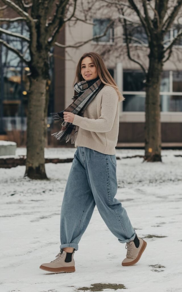A natural-looking young woman wearing baggy jeans paired with clean sneakers or classic Chelsea boots. Theme baggy jeans outfit winter