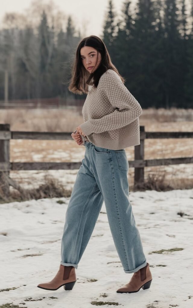 A natural-looking young woman wearing baggy jeans paired with pointed-toe boots or heeled loafers. Theme baggy jeans outfit winter