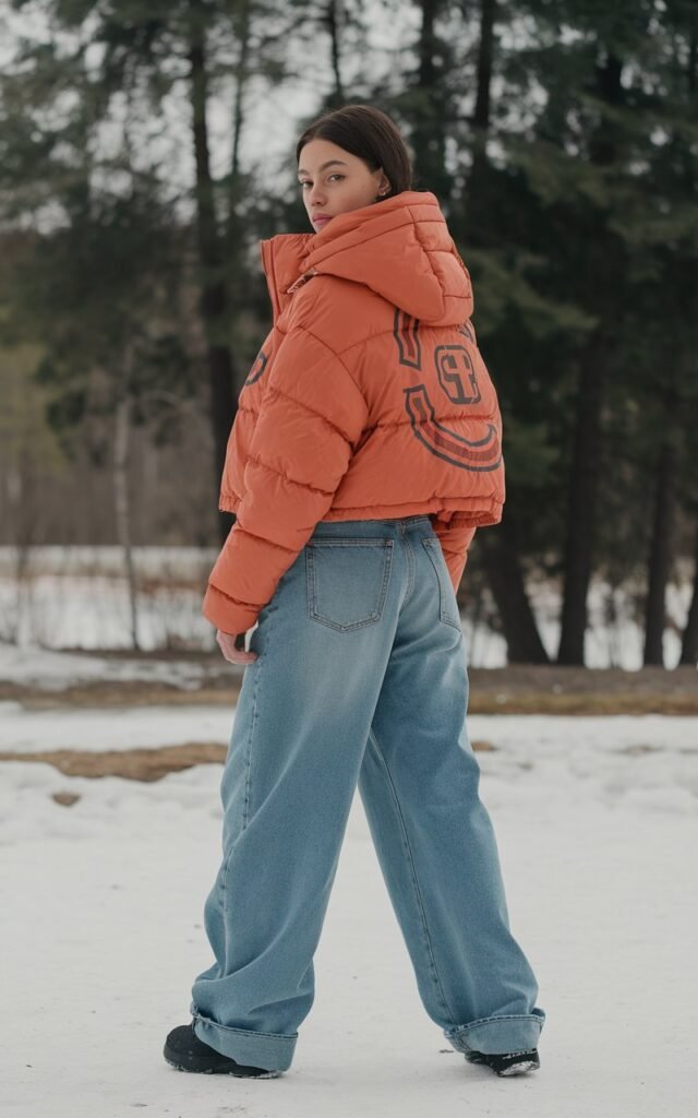 A natural-looking young woman wearing baggy jeans styled with a cropped puffer jacket to balance the silhouette. Theme baggy jeans outfit winter