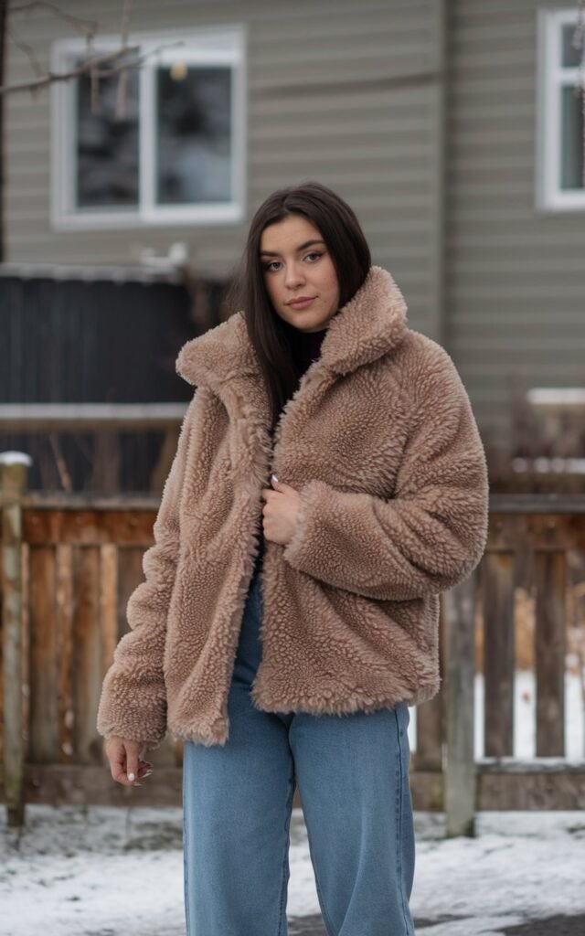A natural-looking young woman wearing baggy jeans styled with a faux fur or teddy coat for instant polish. Theme baggy jeans outfit winter