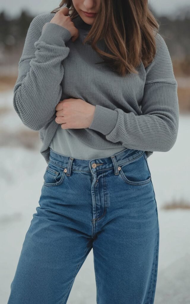 A natural-looking young woman wearing baggy jeans styled with a slim-fit thermal or fitted base layer. Theme baggy jeans outfit winter