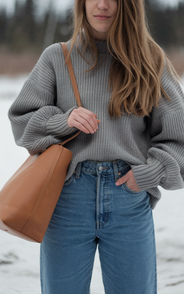 A natural-looking young woman wearing baggy jeans styled with a structured tote or polished shoulder bag. Theme baggy jeans outfit winter
