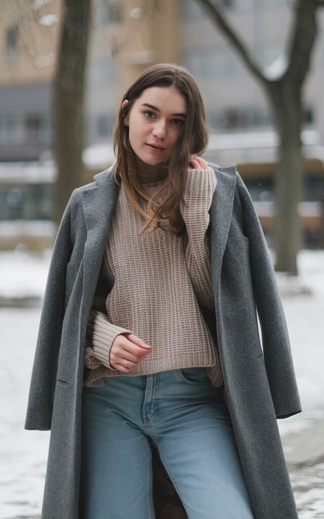 A natural-looking young woman wearing baggy jeans styled with a structured wool coat layered over a simple knit sweater. Theme baggy jeans outfit winter