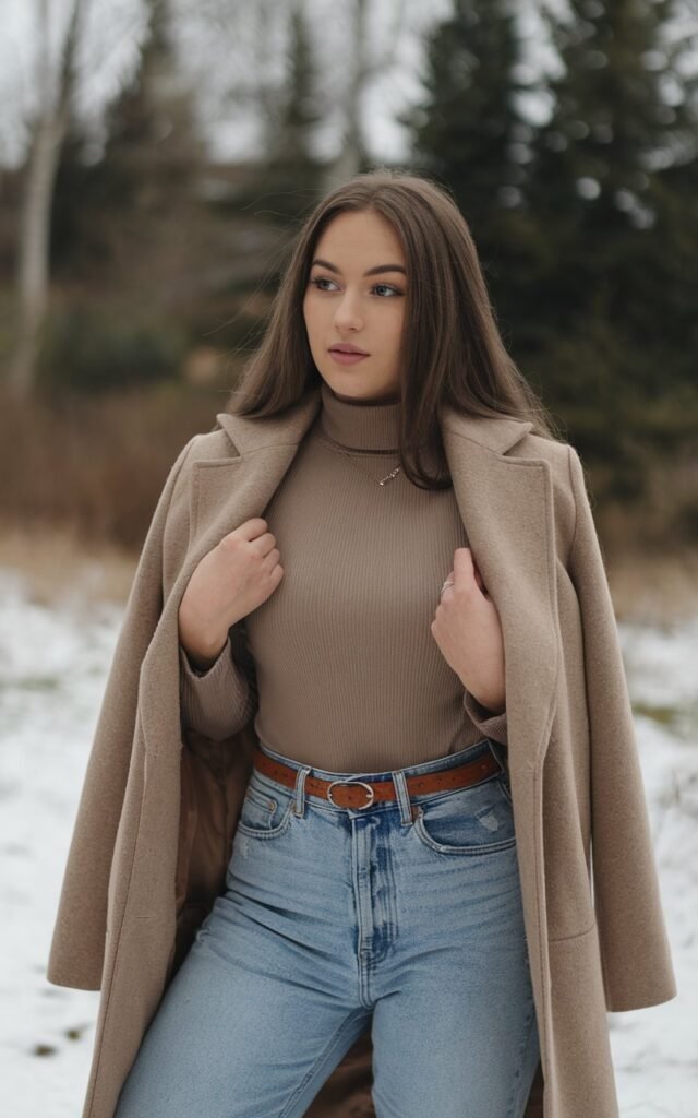 A natural-looking young woman wearing baggy jeans styled with a tucked-in top and a classic leather belt. Theme baggy jeans outfit winter