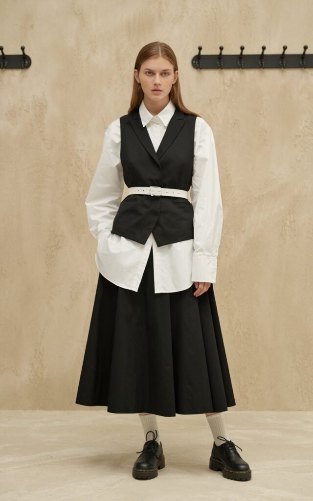 A natural-looking young woman wearing black-and-white basics styled in a clean, sharp silhouette. Theme tomboy outfits