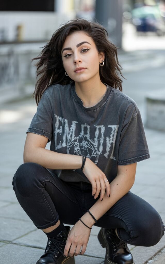 A natural-looking young woman wearing black denim paired with a faded emo band tee. Theme: emo outfits