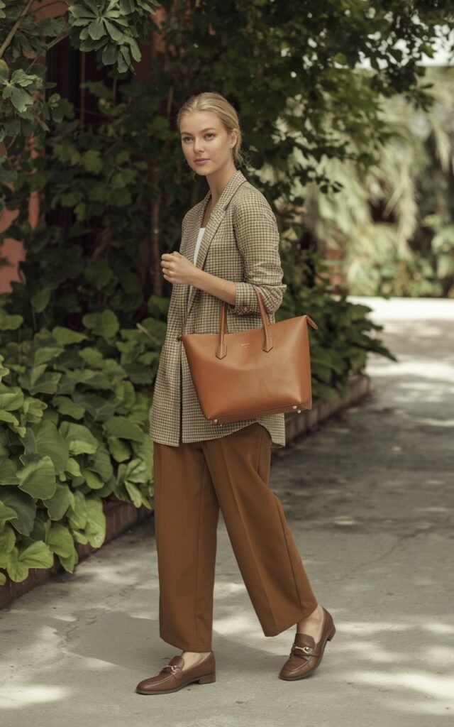 A natural-looking young woman wearing brown pants finished with loafers and a structured tote for a chic everyday outfit. Theme brown pants outfit for women