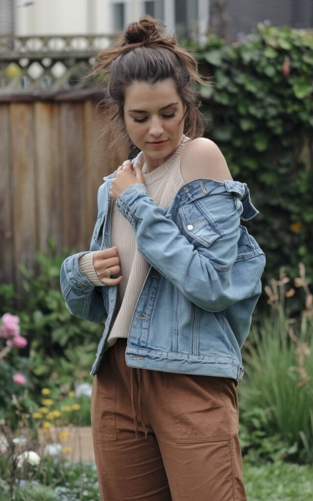 A natural-looking young woman wearing brown pants layered with a denim jacket for relaxed, weekend-ready vibes. Theme brown pants outfit for women