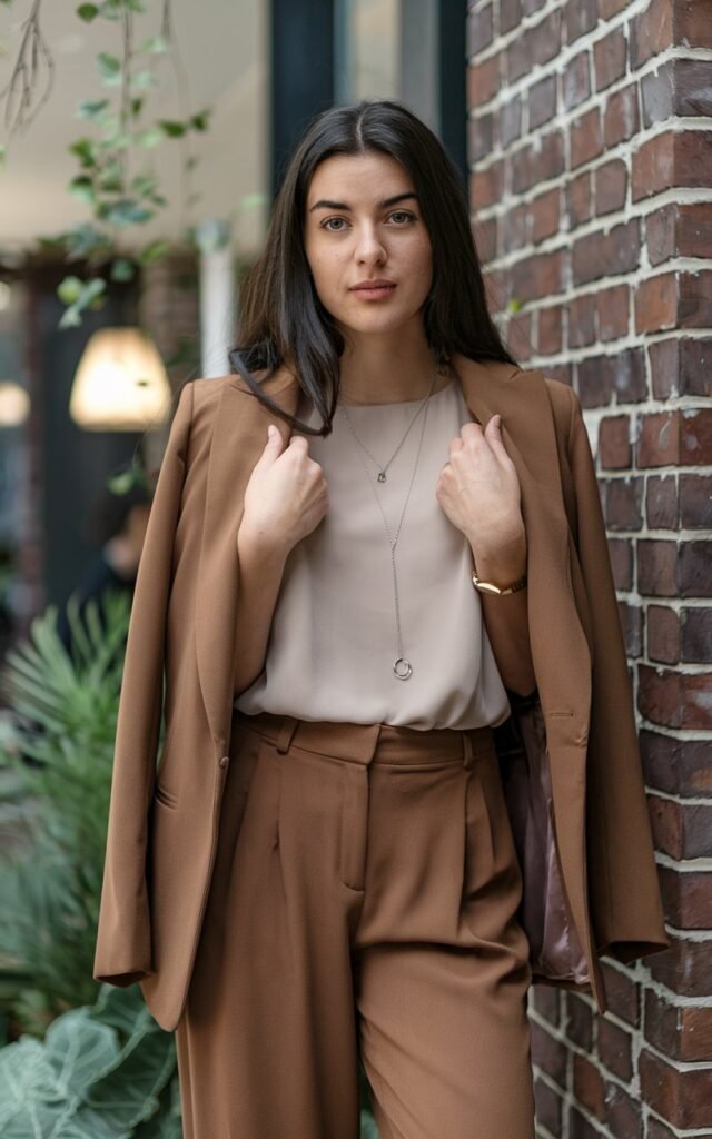 A natural-looking young woman wearing brown pants layered with a tailored blazer over a simple top for a work-to-dinner look. Theme brown pants outfit for women