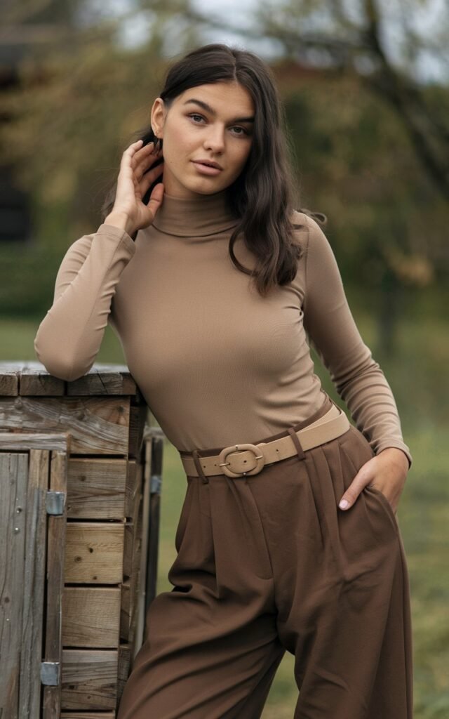 A natural-looking young woman wearing brown pants matched with a monochrome beige or tan top for a luxe neutral look. Theme brown pants outfit for women