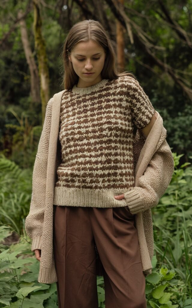 A natural-looking young woman wearing brown pants paired with a chunky knit or boucle top to highlight texture and warmth. Theme brown pants outfit for women