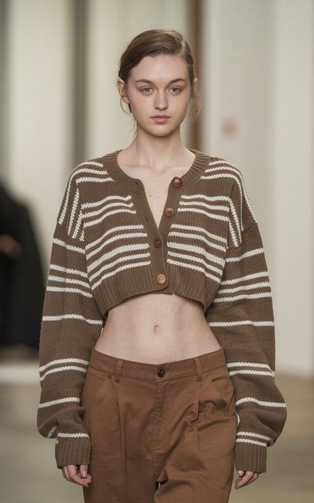 A natural-looking young woman wearing brown pants paired with a cropped cardigan for a modern, feminine outfit. Theme brown pants outfit for women