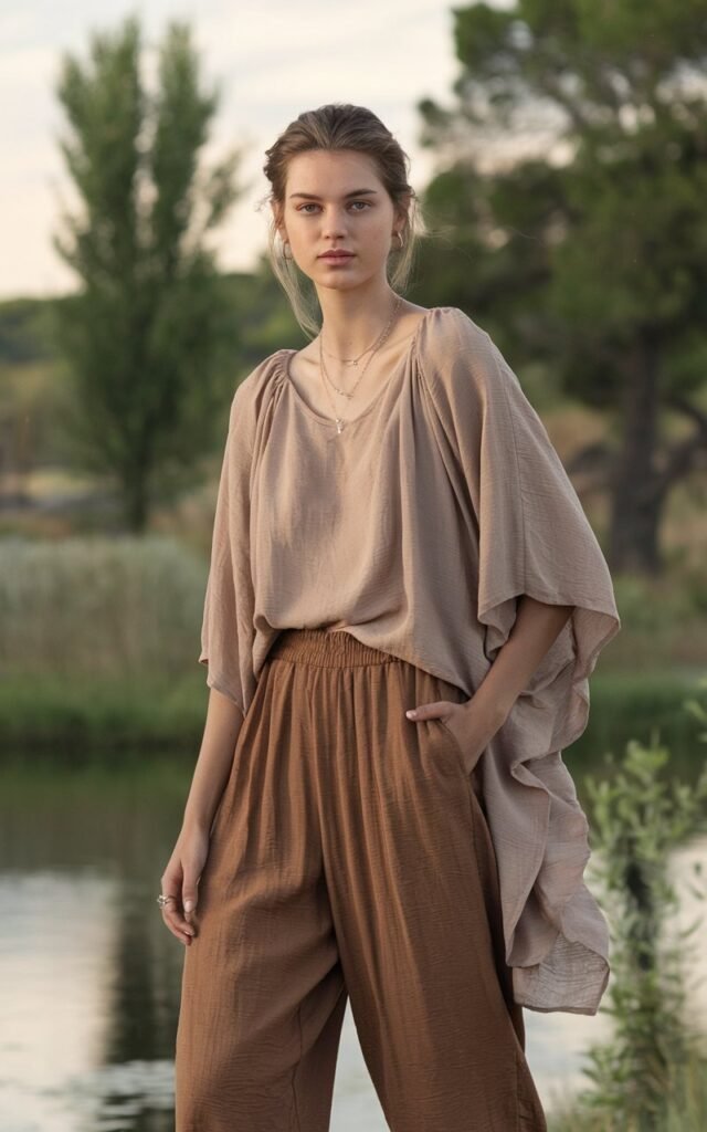A natural-looking young woman wearing brown pants paired with a flowy blouse and delicate jewelry for a soft, graceful outfit. Theme brown pants outfit for women