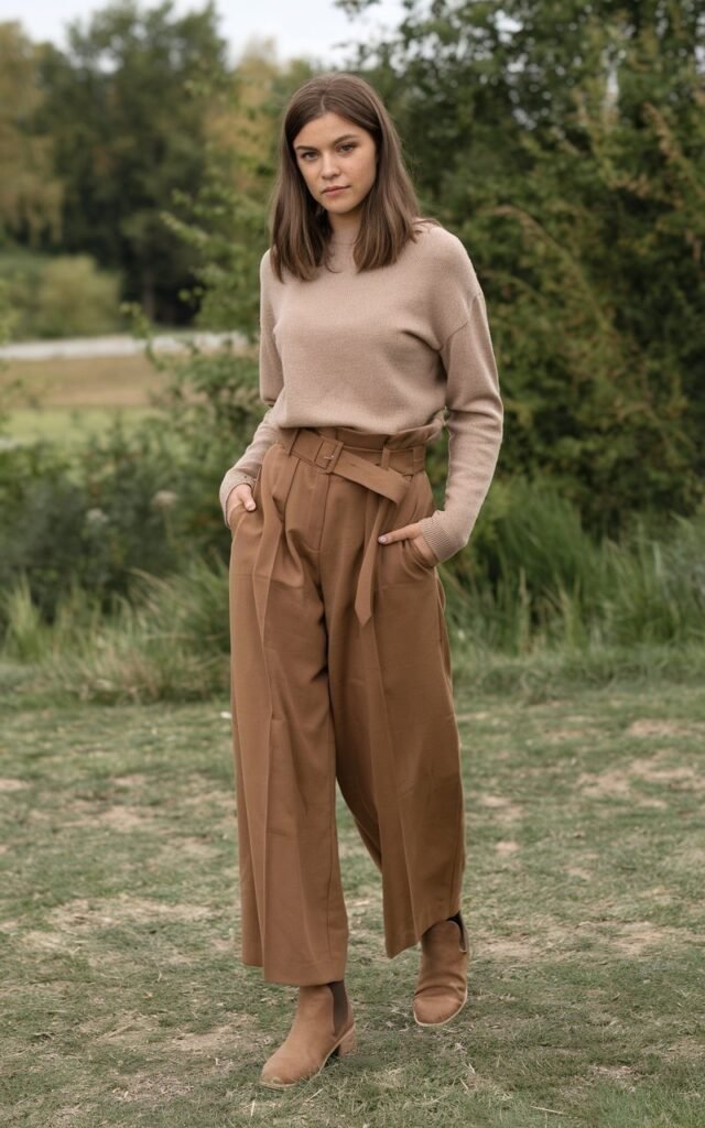 A natural-looking young woman wearing brown pants styled with a belt and ankle boots for a flattering, put-together look. Theme brown pants outfit for women