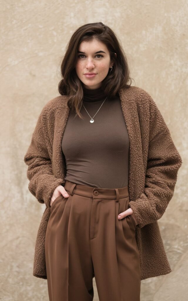 A natural-looking young woman wearing brown pants styled with a fitted turtleneck for a sleek, seasonless look. Theme brown pants outfit for women